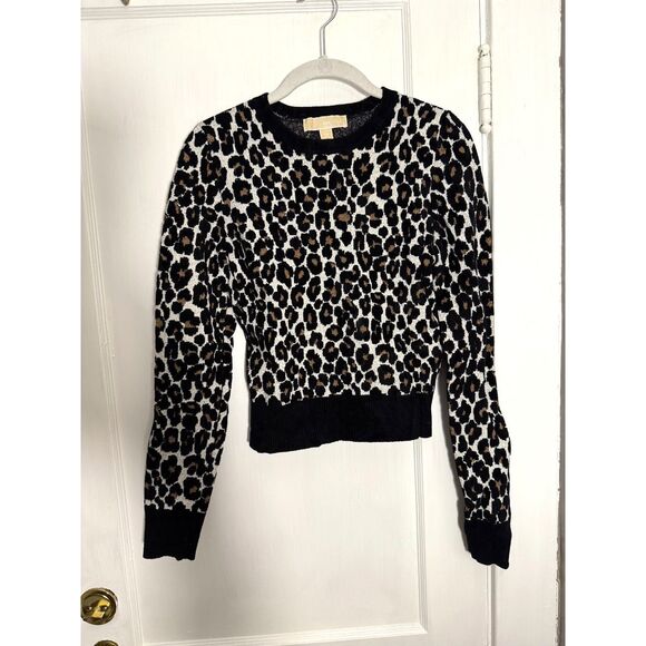 Michael Kors Cheetah Print Tan and Black Crew Neck Sweater - Picture 1 of 5